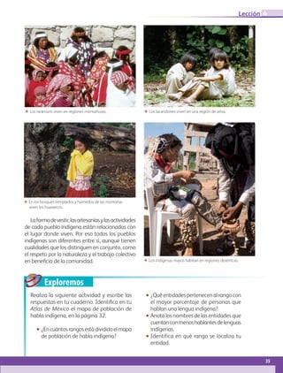 Exploremos
Laformadevestir,lasartesaníasylasactividades
de cada pueblo indígena están relacionadas con
el lugar donde viven. Por eso todos los pueblos
indígenas son diferentes entre sí, aunque tienen
cualidades que los distinguen en conjunto, como
el respeto por la naturaleza y el trabajo colectivo
en beneficio de la comunidad.
ΕΕ Los rarámuris viven en regiones montañosas. ΕΕ Los lacandones viven en una región de selva.
ΕΕ Los indígenas mayos habitan en regiones desérticas.
ΕΕ En los bosques templados y húmedos de las montañas
viven los huastecos.
Realiza la siguiente actividad y escribe las
respuestas en tu cuaderno. Identifica en tu
Atlas de México el mapa de población de
habla indígena, en la página 32.
•• ¿Encuántosrangosestádivididoelmapa
de población de habla indígena?
•• ¿Quéentidadespertenecen al rangocon
el mayor porcentaje de personas que
hablan una lengua indígena?
•• Anota los nombres de las entidades que
cuentanconmenoshablantesdelenguas
indígenas.
•• Identifica en qué rango se localiza tu
entidad.
35
Lección 4
GEOGRAFIA-4-P-001-041**.indd 35 08/08/17 13:02
 