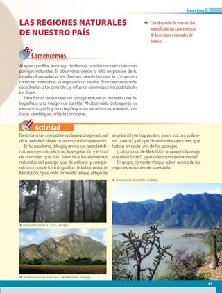 Actividad
Al igual que Flor, la amiga de Donají, puedes conocer diferentes
paisajes naturales. Si observaras desde lo alto un paisaje de tu
estado alcanzarías a ver diversos elementos que lo componen,
como las montañas, la vegetación o los ríos. Si te acercaras más,
escucharías a los animales, y si fueras aún más cerca podrías oler
las flores.
Otra forma de conocer un paisaje natural es mirando una fo-
tografía o una imagen de satélite. Al observarla distinguirás los
elementos que hay en la región y sus características; mientras más
cosas identifiques, más la conocerás.
ΕΕ Barranca de Metztitlán, Hidalgo.
ΕΕ Biodiversidad de la Barranca de Metztitlán, Hidalgo.
ΕΕ Parque Nacional El Chico, Hidalgo.
LAS REGIONES NATURALES
DE NUESTRO PAÍS
❖❖ Con el estudio de esta lección
identificarás las características
de las regiones naturales de
México.
Describe a tus compañeros algún paisaje natural
de tu entidad: el que te parezca más interesante.
En tu cuaderno, dibuja y anota sus característi-
cas, por ejemplo, el clima, la vegetación y el tipo
de animales que hay. Identifica los elementos
naturales del paisaje que describiste y compá-
ralos con los de las fotografías de la barranca de
Metztitlán; fíjate en la forma del relieve, el tipo de
vegetación (si hay pastos, pinos, cactus, palme-
ras u otros) y el tipo de animales que crees que
habita en cada uno de los paisajes.
¿La barranca de Metztitlán se parece al paisaje
que describiste?, ¿qué diferencias encontraste?
En grupo, comenten lo que saben acerca de las
regiones naturales de su estado.
Comencemos
61
Lección 3
GEO-4-P-042-083.indd 61 23/01/17 15:52
 