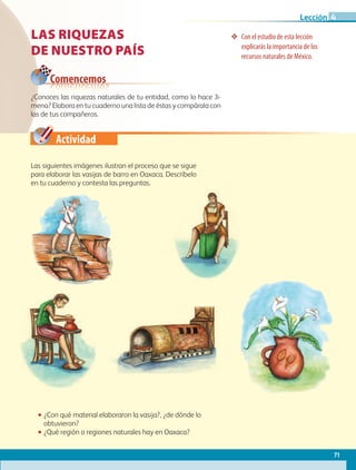 Actividad
LAS RIQUEZAS
DE NUESTRO PAÍS
❖❖ Con el estudio de esta lección
explicarás la importancia de los
recursos naturales de México.
¿Conoces las riquezas naturales de tu entidad, como lo hace Ji-
mena? Elabora en tu cuaderno una lista de éstas y compárala con
las de tus compañeros.
Las siguientes imágenes ilustran el proceso que se sigue
para elaborar las vasijas de barro en Oaxaca. Descríbelo
en tu cuaderno y contesta las preguntas.
•• ¿Con qué material elaboraron la vasija?, ¿de dónde lo
obtuvieron?
•• ¿Qué región o regiones naturales hay en Oaxaca?
Comencemos
71
Lección 4
GEO-4-P.indb 71 06/11/15 16:18
 