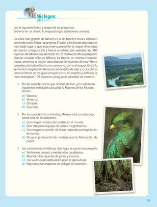 Mis logros
Lee el siguiente texto y responde las preguntas.
Encierra en un círculo la respuesta que consideres correcta.
La selva más grande de México es la de Montes Azules, también
conocida como Selva Lacandona. El calor y las lluvias abundantes
han dado lugar a que esta reserva presente la mayor diversidad
en cuanto a vegetación y fauna se refiere; por ejemplo, las 300
especies de árboles que alcanzan los 35 metros de altura y algunas
plantas propias sólo de México. La fauna, no menos impresio-
nante, presenta la mayor abundancia de especies de mamíferos
terrestres de todo el territorio mexicano, como el jaguar. Entre lo
verde de la vegetación destacan pinceladas de rojo y azul, colores
característicos de las guacamayas; entre los reptiles y anfibios se
han catalogado 109 especies, y hay gran variedad de insectos.
1.	 Por las características que acabas de leer, ¿en cuál de las
siguientes entidades ubicarías la Reserva de los Montes
Azules?
a )	Oaxaca.
b )	 Veracruz.
c )	 Chiapas.
d )	 Guerrero.
2.	 Por las características listadas, México está considerado
como una de las naciones:
a )	 Con mayor número de turistas en el mundo.
b )	 Que integran el grupo de países megadiversos.
c )	Con mayor extensión de áreas naturales protegidas en
el mundo.
d )	De gran producción de madera para la fabricación de
papel.
3.	 Las condiciones climáticas dan lugar a que en esta región:
a )	 Se formen arroyos y existan ríos caudalosos.
b )	 Abunden las especies de pinos y encinos.
c )	 Los suelos sean adecuados para la agricultura.
d )	 Haya muchas especies en peligro de extinción.
81
GEO-4-P.indb 81 06/11/15 16:19
 