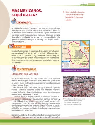 Actividad
Buscaentudiccionarioelsignificadodelapalabra“conurbación”
que menciona Sergio en su carta, y con tus palabras escribe la
definición en tu cuaderno. Luego, observa en el mapa la parte
delosmunicipiosqueformanunaconurbaciónconGuadalajara.
Finalmente, comenta en grupo por qué las ciudades crecen y
se expanden.
Al estudiar las regiones naturales y sus recursos observaste que
hay regiones con mayores posibilidades para que la población
se desarrolle, lo que contribuye a que haya lugares más poblados
que otros, como las ciudades que menciona Sergio en su carta.
¿Consideras que Guadalajara es una ciudad muy poblada? ¿Por
qué Sergio le dice a Donají que Tonalá y Guadalajara forman
una conurbación?
❖❖ Con el estudio de esta lección
analizarás la distribución de
la población en el territorio
nacional.
MÁS MEXICANOS,
¿AQUÍ O ALLÁ?
ΕΕ Ciudades como Zacatecas crecieron
gracias al auge de la actividad
minera, que atrajo a miles de
personas para trabajar en ella.
Jalisco
Zapopan
Juanacatlán
Ixtlahuacán de
los Membrillos
Tlajomulco
de Zúñiga
Guadalajara
Tonalá
El Salto
Tlaquepaque
S i m b o l o g í a
20°
105°
21°00´
103°30´
20°30´
0 20 40 km
Conurbación
Municipios de la
zona metropolitana
Otros municipios
Límite de la zona
metropolitana
Límite municipal
Zonas conurbadas de Guadalajara
Las razones para vivir aquí
Las personas se mudan, deciden vivir en uno u otro lugar por
razones distintas: para estar cerca de sus familiares, para residir
en lugares donde el clima y los paisajes les son agradables o para
mejorar su nivel de vida.
Históricamente, las regiones con mayor desarrollo agrícola,
minero o comercial fueron los lugares más atractivos para vivir,
porque ahí había más posibilidades de cubrir las necesidades
económicas y sociales de la gente.
Antes de 1970 la mayor parte de la población vivía en zo-
nas rurales y trabajaba en la producción agrícola, ganadera y
forestal. No obstante, el crecimiento industrial, que requería
trabajadores (mano de obra), y la falta de apoyo económico al
campo obligaron a muchas personas a irse a vivir a las ciudades.
Allí había mayores oportunidades de trabajo y eso provocó que
las ciudades crecieran más.
Leanconsuspadresuotrosadultoseltextoanteriorypregúntenles
cuálesdelasrazonesquesemencionanseríanaúnválidasparaellos.
Comencemos
Aprendamos más
Lección 1
87
GEO-4-P.indb 87 06/11/15 16:20
 