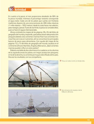 Actividad
En cuanto a la pesca, el mar proporciona alrededor de 90 de
la pesca mundial, mientras el porcentaje restante corresponde
al agua dulce. Cada uno de los países que cuenta con fronteras
marítimas dispone de una zona exclusiva de 200 millas náuticas
(1 milla náutica = 1852 metros), desde la costa hacia mar adentro,
paranavegarypescar.Fueradeeselímite,lapescaseconsideralibre,
pues se hace en aguas internacionales.
Ahora contrasta los mapas de las páginas 38 y 94 del Atlas de
geografíadelmundoyresponde¿quépaísestienenaltaproducción
pesquera debido a las corrientes marinas frías? Las corrientes ma-
rinas frías son ricas en nutrientes, ahí se concentran los principales
bancos de peces para alimentarse. Con ayuda del mapa de las
páginas 72 y 73 del Atlas de geografía del mundo, localiza en el
continente africano Namibia, Angola y Marruecos. ¿Qué corrientes
marinas pueden influir en estos países?
Elaboraunatabladedoscolumnasentucuaderno;enlacolumna
de la izquierda anota los países con mayor producción pesquera;
en la de la derecha, la corriente por la que está influido dicho país.
Discute los resultados con tus compañeros.
“ Barco de pesca de cangrejos, isla de
Pellworm, Alemania.
“ Pesca con redes, Cochin, en Kerala, India.
113
Lección 1
GEO-5-P-106-145.indd 113 28/10/19 14:29
 