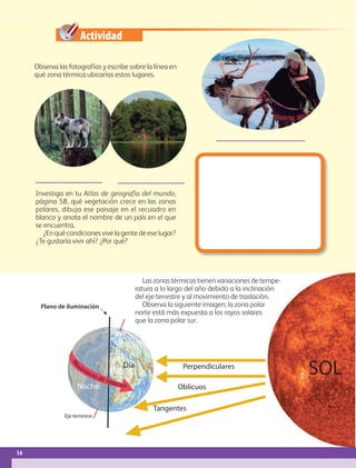 SOL
Perpendiculares
Oblicuos
Tangentes
Día
Noche
M
o
vimiento de rotación
Eje terrestre
14
I
Bloque
14
I
Bloque
Bloque
Bloque
Actividad
Las zonas térmicas tienen variaciones de tempe-
ratura a lo largo del año debido a la inclinación
del eje terrestre y al movimiento de traslación.
Observa la siguiente imagen; la zona polar
norte está más expuesta a los rayos solares
que la zona polar sur.
Observa las fotografías y escribe sobre la línea en
qué zona térmica ubicarías estos lugares.
Investiga en tu Atlas de geografía del mundo,
página 58, qué vegetación crece en las zonas
polares, dibuja ese paisaje en el recuadro en
blanco y anota el nombre de un país en el que
se encuentra.
¿En qué condiciones vive la gente de ese lugar?
¿Te gustaría vivir ahí? ¿Por qué?
Plano de iluminación
GEO-5-P-008-037.indd 14 26/11/19 17:10
 