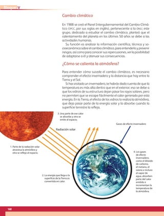 Cambio climático
En 1988 se creó el Panel Intergubernamental del Cambio Climá-
tico (IPCC, por sus siglas en inglés), perteneciente a la ONU; este
grupo, dedicado a estudiar el cambio climático, planteó que el
calentamiento del planeta en los últimos 50 años se debe a las
actividades humanas.
Su función es analizar la información científica, técnica y so-
cioeconómicasobreelcambioclimático,paraentenderloyprevenir
riesgos, así como para conocer sus repercusiones, ver la posibilidad
de adaptarse a él y atenuar sus consecuencias.
¿Cómo se calienta la atmósfera?
Para entender cómo sucede el cambio climático, es necesario
comprender el efecto invernadero y la distancia que hay entre la
Tierra y el Sol.
Si has visitado un invernadero, te habrás dado cuenta de que la
temperatura es más alta dentro que en el exterior; eso se debe a
que los vidrios de su estructura dejan pasar los rayos solares, pero
no permiten que se escape fácilmente el calor generado por esta
energía. En la Tierra, el efecto de los vidrios lo realiza la atmósfera,
que deja pasar parte de la energía solar y la absorbe cuando la
superficie terrestre la refleja.
Gases de efecto invernadero
1. Parte de la radiación solar
atraviesa la atmósfera y
otra se refleja al espacio.
2. La energía que llega a la
superficie de la Tierra es
convertida en calor.
3. Una parte de ese calor
se absorbe y otra se
emite al espacio.
4. Los gases
de efecto
invernadero,
como el dióxido
de carbono,
el metano, el
ozono e incluso
el vapor de
agua, absorben
parte del calor
emitido e
incrementan la
temperatura de
la atmósfera.
Radiación solar
160
V
Bloque
GEO-5-P-146-186.indd 160 28/10/19 14:32
 