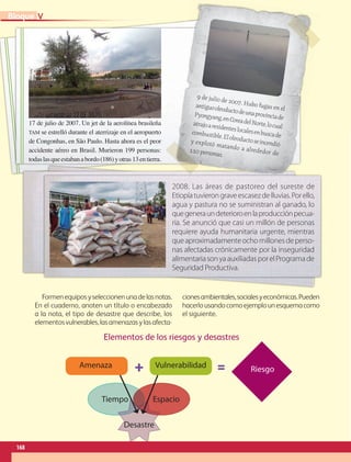 2008. Las áreas de pastoreo del sureste de
Etiopíatuvierongraveescasezdelluvias.Porello,
agua y pastura no se suministran al ganado, lo
quegeneraundeterioroenlaproducciónpecua-
ria. Se anunció que casi un millón de personas
requiere ayuda humanitaria urgente, mientras
queaproximadamenteochomillonesdeperso-
nas afectadas crónicamente por la inseguridad
alimentariasonyaauxiliadasporelProgramade
Seguridad Productiva.
17 de julio de 2007. Un jet de la aerolínea brasileña
TAM se estrelló durante el aterrizaje en el aeropuerto
de Congonhas, en São Paulo. Hasta ahora es el peor
accidente aéreo en Brasil. Murieron 199 personas:
todaslasqueestabanabordo(186)yotras13entierra.
2008. Las áreas de pastoreo del sureste de
9 de julio de 2007. Hubo fugas en el
antiguooleoductodeunaprovinciade
Pyongyang,enCoreadelNorte,locual
atrajoaresidenteslocalesenbuscade
combustible.Eloleoductoseincendió
y explotó matando a alrededor de
110 personas.
Formenequiposyseleccionenunadelasnotas.
En el cuaderno, anoten un título o encabezado
a la nota, el tipo de desastre que describe, los
elementosvulnerables,lasamenazasylasafecta-
cionesambientales,socialesyeconómicas.Pueden
hacerlousandocomoejemplounesquemacomo
el siguiente.
Amenaza
Tiempo Espacio
Desastre
Vulnerabilidad Riesgo
+ =
Elementos de los riesgos y desastres
168
V
Bloque
GEO-5-P-146-186.indd 168 26/11/19 17:34
 