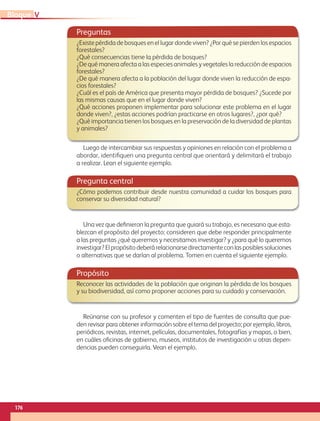 Preguntas
¿Existe pérdida de bosques en el lugar donde viven? ¿Por qué se pierden los espacios
forestales?
¿Qué consecuencias tiene la pérdida de bosques?
¿De qué manera afecta a las especies animales y vegetales la reducción de espacios
forestales?
¿De qué manera afecta a la población del lugar donde viven la reducción de espa-
cios forestales?
¿Cuál es el país de América que presenta mayor pérdida de bosques? ¿Sucede por
las mismas causas que en el lugar donde viven?
¿Qué acciones proponen implementar para solucionar este problema en el lugar
donde viven?, ¿estas acciones podrían practicarse en otros lugares?, ¿por qué?
¿Qué importancia tienen los bosques en la preservación de la diversidad de plantas
y animales?
Luego de intercambiar sus respuestas y opiniones en relación con el problema a
abordar, identifiquen una pregunta central que orientará y delimitará el trabajo
a realizar. Lean el siguiente ejemplo.
Pregunta central
¿Cómo podemos contribuir desde nuestra comunidad a cuidar los bosques para
conservar su diversidad natural?
Una vez que definieron la pregunta que guiará su trabajo, es necesario que esta-
blezcan el propósito del proyecto; consideren que debe responder principalmente
a las preguntas ¿qué queremos y necesitamos investigar? y ¿para qué lo queremos
investigar?Elpropósitodeberárelacionarsedirectamenteconlasposiblessoluciones
o alternativas que se darían al problema. Tomen en cuenta el siguiente ejemplo.
Propósito
Reconocer las actividades de la población que originan la pérdida de los bosques
y su biodiversidad, así como proponer acciones para su cuidado y conservación.
Reúnanse con su profesor y comenten el tipo de fuentes de consulta que pue-
den revisar para obtener información sobre el tema del proyecto; por ejemplo, libros,
periódicos, revistas, internet, películas, documentales, fotografías y mapas, o bien,
en cuáles oficinas de gobierno, museos, institutos de investigación u otras depen-
dencias pueden conseguirla. Vean el ejemplo.
176
V
Bloque
GEO-5-P-146-186.indd 176 28/10/19 14:33
 