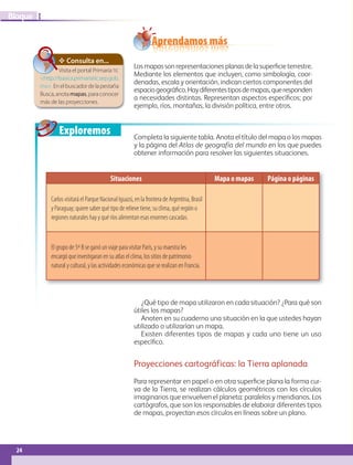 Exploremos
24
I
Bloque
24
Situaciones Mapa o mapas Página o páginas
Carlos visitará el Parque Nacional Iguazú, en la frontera de Argentina, Brasil
y Paraguay; quiere saber qué tipo de relieve tiene, su clima, qué región o
regiones naturales hay y qué ríos alimentan esas enormes cascadas.
El grupo de 5º B se ganó un viaje para visitar París, y su maestra les
encargó que investigaran en su atlas el clima, los sitios de patrimonio
natural y cultural, y las actividades económicas que se realizan en Francia.
Aprendamos más
Los mapas son representaciones planas de la superficie terrestre.
Mediante los elementos que incluyen, como simbología, coor-
denadas, escala y orientación, indican ciertos componentes del
espaciogeográfico.Haydiferentestiposdemapas,queresponden
a necesidades distintas. Representan aspectos específicos; por
ejemplo, ríos, montañas, la división política, entre otros.
Completa la siguiente tabla. Anota el título del mapa o los mapas
y la página del Atlas de geografía del mundo en los que puedes
obtener información para resolver las siguientes situaciones.
¿Qué tipo de mapa utilizaron en cada situación? ¿Para qué son
útiles los mapas?
Anoten en su cuaderno una situación en la que ustedes hayan
utilizado o utilizarían un mapa.
Existen diferentes tipos de mapas y cada uno tiene un uso
específico.
Proyecciones cartográficas: la Tierra aplanada
Para representar en papel o en otra superficie plana la forma cur-
va de la Tierra, se realizan cálculos geométricos con los círculos
imaginarios que envuelven el planeta: paralelos y meridianos. Los
cartógrafos, que son los responsables de elaborar diferentes tipos
de mapas, proyectan esos círculos en líneas sobre un plano.
Consulta en...
Visita el portal Primaria TIC
http://basica.primariatic.sep.gob.
mx. Enelbuscadordelapestaña
Busca,anotamapas,paraconocer
más de las proyecciones.
GEO-5-P-008-037.indd 24 28/10/19 14:17
 