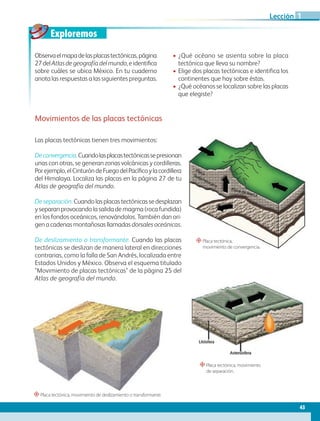 Exploremos
Observaelmapadelasplacastectónicas,página
27delAtlasdegeografíadelmundo,eidentifica
sobre cuáles se ubica México. En tu cuaderno
anota las respuestas a las siguientes preguntas.
• ¿Qué océano se asienta sobre la placa
tectónica que lleva su nombre?
• Elige dos placas tectónicas e identifica los
continentes que hay sobre éstas.
• ¿Qué océanos se localizan sobre las placas
que elegiste?
Movimientos de las placas tectónicas
Las placas tectónicas tienen tres movimientos:
Deconvergencia.Cuandolasplacastectónicassepresionan
unas con otras, se generan zonas volcánicas y cordilleras.
Porejemplo,elCinturóndeFuegodelPacíficoylacordillera
del Himalaya. Localiza las placas en la página 27 de tu
Atlas de geografía del mundo.
De separación.Cuandolasplacastectónicassedesplazan
y separan provocando la salida de magma (roca fundida)
en los fondos oceánicos, renovándolos. También dan ori-
gen a cadenas montañosas llamadas dorsales oceánicas.
De deslizamiento o transformante. Cuando las placas
tectónicas se deslizan de manera lateral en direcciones
contrarias, como la falla de San Andrés, localizada entre
Estados Unidos y México. Observa el esquema titulado
Movimiento de placas tectónicas de la página 25 del
Atlas de geografía del mundo.
Placa tectónica, movimiento de deslizamiento
“Placa tectónica,
movimiento de convergencia.
“Placa tectónica, movimiento
de separación.
“Placa tectónica, movimiento de deslizamiento o transformante.
43
Lección 1
GEO-5-P-038-071.indd 43 03/12/19 10:21
 