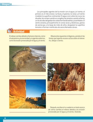 Actividad
Elrelievecambiadebidoafactoresinternos,como
elvulcanismoylasismicidad,yaagentesexternos,
comolaerosiónprovocadaporelaguayelviento.
Observalassiguientesimágenesyanotaenlas
líneas qué agente erosivo actúa sobre el relieve:
río, oleaje o viento.
Después,escribeentucuadernountextoacerca
de cómo cambia el relieve debido a la erosión
provocada por el agua y el viento. Ilústralo.
Los principales agentes de la erosión son el agua y el viento; el
primero es el más erosivo. La lluvia, el granizo, la nieve y el viento
modelan la superficie continental. El agua corre sobre las rocas, las
disuelve,lasrompecuandosecongelaylasarrastracuandoseforma
unrío;lasolasdesgastanlascostasformandobahíasyacantilados.El
viento arrastra, principalmente en zonas secas y desérticas, granos
de arena que, a lo largo de miles de años, desgastan la superficie
terrestre o forman montículos de arena llamados dunas.
46
II
Bloque
GEO-5-P-038-071.indd 46 28/10/19 14:22
 