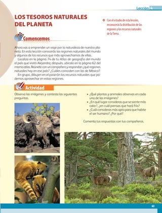 Actividad
Conelestudiodeestalección,
reconocerásladistribucióndelas
regionesylosrecursosnaturales
delaTierra.
Comencemos
LOSTESOROS NATURALES
DEL PLANETA
Observa las imágenes y contesta las siguientes
preguntas.
• ¿Qué plantas y animales observas en cada
una de las imágenes?
• ¿En qué lugar consideras que se siente más
calor?, ¿en cuál piensas que hará frío?
• ¿Cuál consideras más apto para que habite
el ser humano? ¿Por qué?
Comenta tus respuestas con tus compañeros.
Ahora vas a emprender un viaje por la naturaleza de nuestro pla-
neta. En esta lección conocerás las regiones naturales del mundo
y algunos de los recursos que más aprovechamos de ellas.
Localiza en la página 74 de tu Atlas de geografía del mundo
el país que visitó Alejandra; después, ubícalo en la página 62 del
mismoatlas.Reúneteconuncompañeroyrespondan¿quéregiones
naturales hay en ese país? ¿Cuáles coinciden con las de México?
En grupo, dibujen en el pizarrón los recursos naturales que po-
demos aprovechar en estas regiones.
63
Lección 4
GEO-5-P-038-071.indd 63 28/10/19 14:23
 