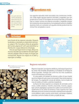 Actividad
60˚
90˚
120˚
150˚ 30˚ 60˚ 90˚ 120˚ 150˚ 180˚
30˚
0˚
60˚
90˚
120˚
150˚ 30˚ 60˚ 90˚ 120˚ 150˚ 180˚
180˚ 30˚
0˚
30˚
30˚
45˚
45˚
15˚
0˚
15˚
60˚
30˚
30˚
45˚
15˚
0˚
15˚
60˚
75˚ 75˚
60˚
Trópico de Cáncer
Trópico de Capricornio
Ecuador
M
e
r
i
d
i
a
n
o
d
e
G
r
e
e
n
w
i
c
h
OCÉANO PACÍFICO
OCÉANO GLACIAL ÁRTICO
OCÉANO
ATLÁNTICO
OCÉANO
ÍNDICO
OCÉANO PACÍFICO
Mar del Sur
de China
Mar de
Okhotsk
Mar
Mediterráneo
Golfo de
México
Golfo de
Alaska
Mar de Siberia
Mar Laptev
Mar Caribe
Mar de Bering
Mar de Beaufort
Mar de Barents
Mar de
Noruega
Bahía
Baffin
Mar del
Labrador
Mar de
Arabia
Bahía de
Hudson
Mar
de Coral
Mar de
Tasmania
Planisferio
“La madera es un recurso que se
extrae de los bosques.
véase anexo
Un
dato
interesante
Un cuarto de la tie-
rrafirmedelplaneta
tiene clima seco. En
algunos lugares es
tan escasa la lluvia
que los suelos son
áridos.
Aprendamos más
Las regiones naturales están asociadas a las condiciones climáti-
cas. Cada región agrupa especies animales y vegetales que son
propias de un clima. En los lugares de climas tropicales y húmedos
hay un mayor número de especies animales y vegetales porque
las condiciones de temperatura y humedad permanecen estables
durante el año, en contraste con aquellos donde predominan los
climas fríos, templados o secos.
Lee el texto de las regiones naturales. Después
localízalas y coloréalas en el planisferio del ane-
xo, página 194. Consulta tu Atlas de geografía
del mundo, páginas 61 a 67, para identificar su
distribución. Luego elabora la simbología.
Una vez que hayas hecho tu mapa, dibuja los
recursosnaturalesqueseobtienendecadaregión
natural y pégalos sobre el mapa, en el lugar que
corresponda. Peguen los mapas en el salón y
expongan su trabajo.
Regiones naturales
Regionestropicales.Lasregionesselváticasydebosquetropicalson
las zonas más húmedas del planeta y se localizan en la franja de
climas tropicales. También ahí corren los ríos más caudalosos
como el Amazonas y el Congo.
En esta región, los árboles son densos y altos, lo que impide
que la luz llegue al suelo y que crezca pasto. Hay varias especies
de hongos. Su vegetación consta de árboles, como el palo de
rosa, la caoba y el cedro, y plantas trepadoras.
La fauna de estas regiones se compone de animales como
mono, ardilla voladora, mandril, anaconda, insectos, jaguar,
tapir, pecarí, papagayo y quetzal, los cuales se encuentran prin-
cipalmente en las selvas de América. Estas regiones han sido
alteradasporelserhumanoalintroducirplantacionestropicales,
como plátano, café y caucho, entre otras, y al extraer maderas
preciosas, como la caoba, el cedro y el palo de rosa.
64
II
Bloque
GEO-5-P-038-071.indd 64 03/12/19 13:28
 