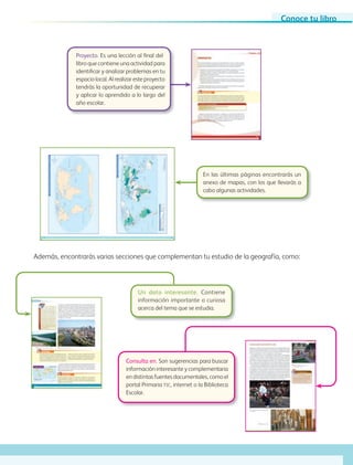 Proyecto. Es una lección al final del
libro que contiene una actividad para
identificar y analizar problemas en tu
espacio local. Al realizar este proyecto
tendrás la oportunidad de recuperar
y aplicar lo aprendido a lo largo del
año escolar.
En las últimas páginas encontrarás un
anexo de mapas, con los que llevarás a
cabo algunas actividades.
Además, encontrarás varias secciones que complementan tu estudio de la geografía, como:
Un dato interesante. Contiene
información importante o curiosa
acerca del tema que se estudia.
Consulta en. Son sugerencias para buscar
información interesante y complementaria
en distintas fuentes documentales, como el
portal Primaria TIC, internet o la Biblioteca
Escolar.
Conoce tu libro
GEO-5-P-001-007.indd 5 28/10/19 14:15
 