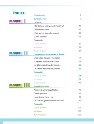BLOQUE
BLOQUE
BLOQUE
I
II
III
ÍNDICE Presentación 3
Conoce tu libro 4
La Tierra
¿Dónde hace calor y dónde hace frío? 11
La Tierra se mueve 17
¿Para qué me sirven los mapas? 23
¿Cómo localizo? 29
Evaluación
Lo que aprendí 34
Mis logros 36
Autoevaluación 37
Componentes naturales de la Tierra
Entre valles, llanuras y montañas 41
El agua en el planeta de la vida 49
Los diferentes climas del mundo 55
Los tesoros naturales del planeta 63
Evaluación
Lo que aprendí 68
Mis logros 69
Autoevaluación 71
Población mundial
Países más y menos poblados 75
Ciudad y campo 83
La gente que viene y va 89
Las culturas que enriquecen el mundo 95
Evaluación
Lo que aprendí 102
Mis logros 103
Autoevaluación 105
I
Componentes naturales de la Tierra
GEO-5-P-001-007.indd 6 28/10/19 14:15
 