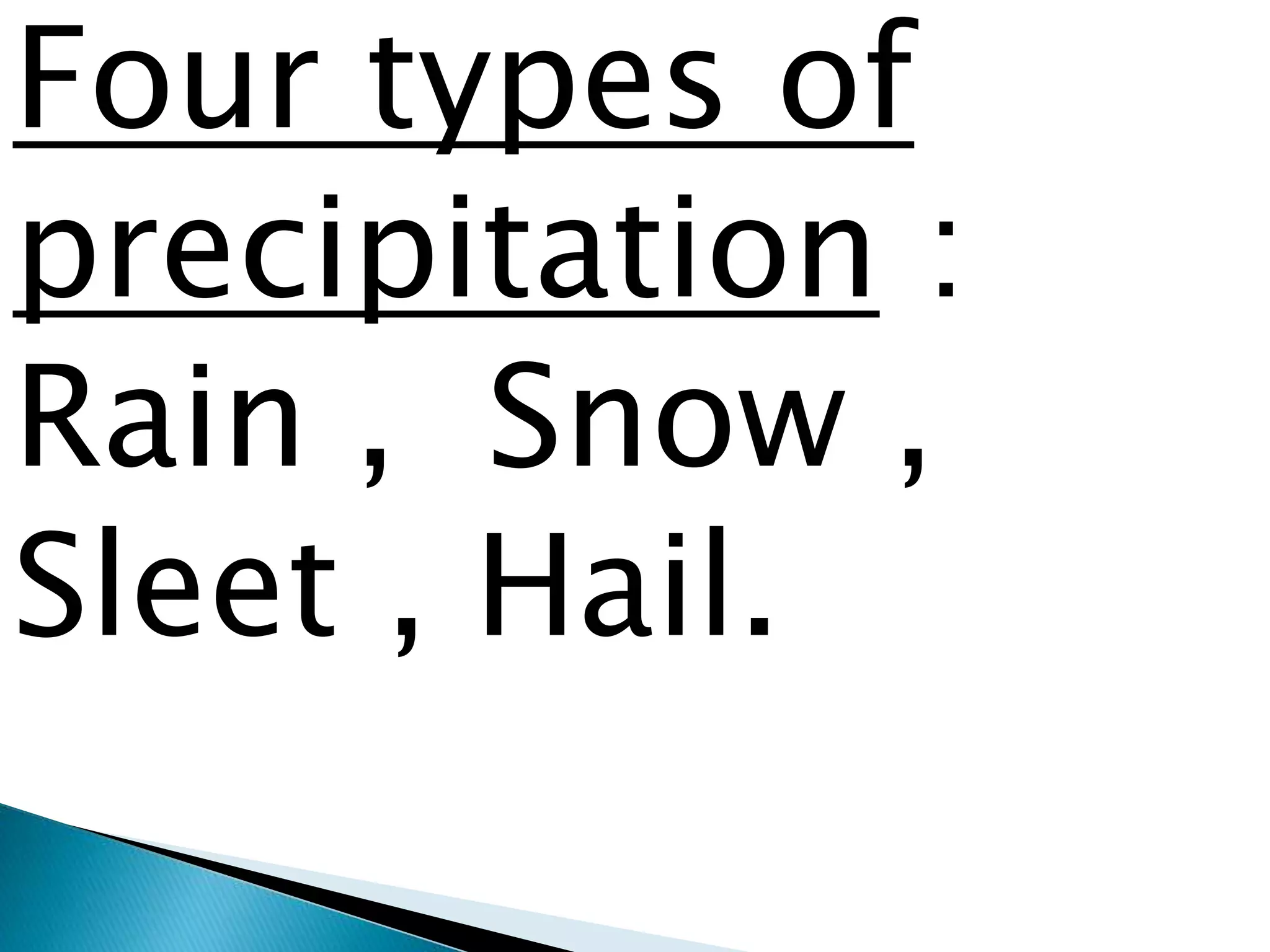 Four types of
precipitation :
Rain , Snow ,
Sleet , Hail.
 