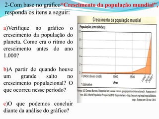 2-Com base no gráfico“Crescimento da população mundial”,
responda os itens a seguir:
a)Verifique no gráfico o
crescimento da população do
planeta. Como era o ritmo do
crescimento antes do ano
1.000?
b)A partir de quando houve
um grande salto no
crescimento populacional? O
que ocorreu nesse período?
c)O que podemos concluir
diante da análise do gráfico?
 