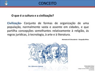 A Diversidade Cultural 
Disciplina: Geografia 
Colégio Conciliar de Maria Imaculada 
Luís Ferreira 
Oqueéaculturaeacivilização? 
Civilização-Conjuntodeformasdeorganizaçãodeumapopulação,normalmentevastaeassenteemcidades,equepartilhaconcepçõessemelhantesrelativamenteàreligião,ásregrasjuridicas,àtecnologia,àarteeàliteratura. 
Retirado de À Descoberta –Geografia 8ºAno 
Doc. Diferentes Culturas  