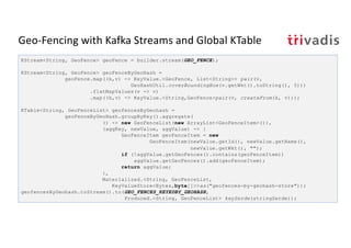 Geo-Fencing with Kafka Streams and Global KTable
KStream<String, GeoFence> geoFence = builder.stream(GEO_FENCE);
KStream<String, GeoFence> geoFenceByGeoHash =
geoFence.map((k,v) -> KeyValue.<GeoFence, List<String>> pair(v,
GeoHashUtil.coverBoundingBox(v.getWkt().toString(), 5)))
.flatMapValues(v -> v)
.map((k,v) -> KeyValue.<String,GeoFence>pair(v, createFrom(k, v)));
KTable<String, GeoFenceList> geofencesByGeohash =
geoFenceByGeoHash.groupByKey().aggregate(
() -> new GeoFenceList(new ArrayList<GeoFenceItem>()),
(aggKey, newValue, aggValue) -> {
GeoFenceItem geoFenceItem = new
GeoFenceItem(newValue.getId(), newValue.getName(),
newValue.getWkt(), "");
if (!aggValue.getGeoFences().contains(geoFenceItem))
aggValue.getGeoFences().add(geoFenceItem);
return aggValue;
},
Materialized.<String, GeoFenceList,
KeyValueStore<Bytes,byte[]>>as("geofences-by-geohash-store"));
geofencesByGeohash.toStream().to(GEO_FENCES_KEYEDBY_GEOHASH,
Produced.<String, GeoFenceList> keySerde(stringSerde));
 