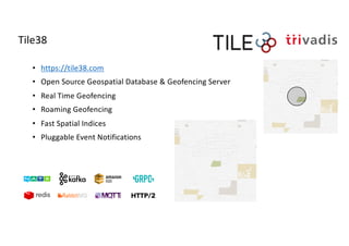 Tile38
• https://tile38.com
• Open Source Geospatial Database & Geofencing Server
• Real Time Geofencing
• Roaming Geofencing
• Fast Spatial Indices
• Pluggable Event Notifications
 