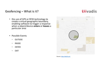 Geofencing – What is it?
• the use of GPS or RFID technology to
create a virtual geographic boundary,
enabling software to trigger a response
when a object/device enters or leaves a
particular area
• Possible Events
• OUTSIDE
• lNSIDE
• ENTER
• EXIT
Source: https://tile38.com
 