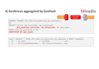 4) Geofences aggregated by GeoHash
CREATE STREAM a04_vehicle_position_by_geohash_s
AS
SELECT vp.id, vp.latitude, vp.longit...