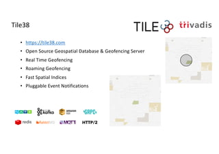 Tile38
• https://tile38.com
• Open Source Geospatial Database & Geofencing Server
• Real Time Geofencing
• Roaming Geofenc...