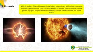  Recuerda: Brilla desde hace 5000 millones de años y lo hará los siguientes 5000 millones restantes;
en donde, posteriormente, empezará un proceso de expansión, transformándose en una
gigante roja, para luego expulsar sus capas más externas y finalizar como una enana
blanca.
 