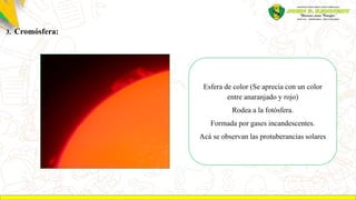 3. Cromósfera:
Esfera de color (Se aprecia con un color
entre anaranjado y rojo)
Rodea a la fotósfera.
Formada por gases incandescentes.
Acá se observan las protuberancias solares
 