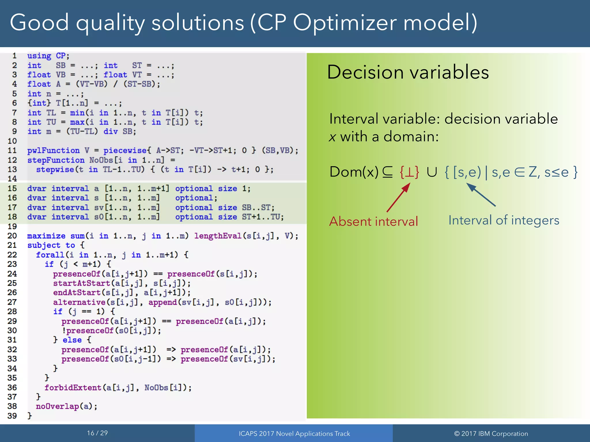 16 / 29 ICAPS 2017 Novel Applications Track © 2017 IBM Corporation
Good quality solutions (CP Optimizer model)
Decision variables
Interval variable: decision variable
x with a domain:
Dom(x) ⊆ {⊥} ∪ { [s,e) | s,e ∈ Z, s≤e }
Absent interval Interval of integers
 