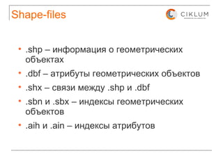 Shape-files .shp – информация о геометрических объектах .dbf – атрибуты геометрических объектов .shx – связи между .shp и .dbf .sbn и .sbx – индексы геометрических объектов .aih и .ain – индексы атрибутов 
