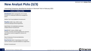 Denmark Tech - February 2021 Copyright © 2021, Tracxn Technologies Private Limited. All rights reserved.
New Analyst Picks (3/3)
Interesting Companies identified by Analysts in Denmark Tech in February 2021
Denmark Tech: Analyst Picks
11
Added to Editor's Pick
DoseSystem (2013, Espergaerde, $7.1K, Seed)
Provider of a medication adherence management
device
Welfare Tech Invest,Syddansk Innovationand
Added to Editor's Pick
PlayAlive (2008, Vejle, $295K, Seed)
Interactive playing and learning devices
INNOTRONIC OF SCANDINAVIA APS,Niels
Julskjaer,Borean Innovationand
Added to Editor's Pick
Journl (2017, Aarhus, $354K, Seed)
Provider of remote monitoring platform for clinicians
and medical records management solutions for
patients
Peter Christensen,Firmainvest,BalaSuthas
Sundararajahand
Added to Editor's Pick
Easy Correct (2010, Frederiksberg, $111K, Seed)
Tool for teachers to provide feedback on assignments
Kickstart Innovationand
 