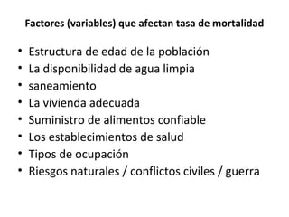 Factores (variables) que afectan tasa de mortalidad
• Estructura de edad de la población
• La disponibilidad de agua limpia
• saneamiento
• La vivienda adecuada
• Suministro de alimentos confiable
• Los establecimientos de salud
• Tipos de ocupación
• Riesgos naturales / conflictos civiles / guerra
 