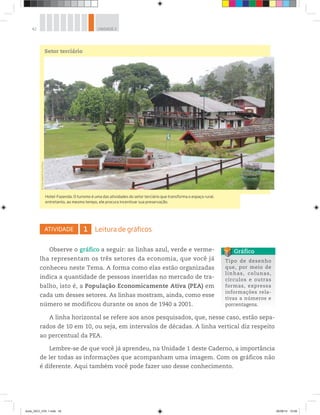 42 UNIDADE 2
ATIVIDADE 1 Leitura de gráficos
Observe o gráfico a seguir: as linhas azul, verde e verme-
lha representam os três setores da economia, que você já
conheceu neste Tema. A forma como elas estão organizadas
indica a quantidade de pessoas inseridas no mercado de tra-
balho, isto é, a População Economicamente Ativa (PEA) em
cada um desses setores. As linhas mostram, ainda, como esse
número se modificou durante os anos de 1940 a 2001.
A linha horizontal se refere aos anos pesquisados, que, nesse caso, estão sepa-
rados de 10 em 10, ou seja, em intervalos de décadas. A linha vertical diz respeito
ao percentual da PEA.
Lembre-se de que você já aprendeu, na Unidade 1 deste Caderno, a importância
de ler todas as informações que acompanham uma imagem. Com os gráficos não
é diferente. Aqui também você pode fazer uso desse conhecimento.
Tipo de desenho
que, por meio de
linhas, colunas,
círculos e outras
formas, expressa
informações rela-
tivas a números e
porcentagens.
Gráfico
Hotel-Fazenda. O turismo é uma das atividades do setor terciário que transforma o espaço rural,
entretanto, ao mesmo tempo, ele procura incentivar sua preservação.
©
Celso
Avila/Futura
Press
Setor terciário
book_GEO_VOL 1.indb 42 26/06/14 15:59
 