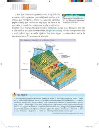 56 UNIDADE 2
O documentário Nas cinzas da floresta, da série A década da destruição (direção de Adrian Cowell,
1987), traz um importante alerta: “Se o desmatamento continuar nesse ritmo, o Estado de
Rondônia perderá toda a sua floresta”. Esta foi a fatídica previsão do ambientalista gaúcho
José Antônio Lutzenberger (1926-2002), que percorreu a floresta quando ela estava sendo der-
rubada. Ele sugeriu alternativas ao desenvolvimento irracional. Nas palavras de Lutzenberger,
no mesmo documentário: “Se você conserva a floresta, ela tem condições de alimentá-lo. Mas,
se você derruba, o solo poderá se tornar tão infértil que nada mais crescerá ali”.
Nas cinzas da floresta. Direção: Adrian Cowell, Brasil, 1987. 55 min. 14 anos.
Além dos exemplos apresentados, a agricultura
moderna utiliza grandes quantidades de adubos quí-
micos, que corrigem os solos, e defensivos agrícolas
(agrotóxicos), que combatem as pragas da lavoura. O
uso cada vez mais intenso desses produtos químicos,
levados pelas chuvas, tem provocado a contaminação do solo, das águas dos rios
e dos lençóis de águas subterrâneas (lençóis freáticos), e acaba comprometendo
a qualidade da água e a vida aquática dos rios e lagos, como também a saúde da
população local. Veja a imagem a seguir.
©
Hudson
Calasans
Das águas da chuva para as águas do rio
Águas subterrâneas presen-
tes em diferentes camadas
abaixo da superfície.
Lençol freático
Chuva
Chuva
Lavoura
Infiltração
Lençol freático
Rocha
impermeável
Poço
Fossa
Rio
Pulverização
de adubo químico
e agrotóxicos
Floresta
book_GEO_VOL 1.indb 56 26/06/14 15:59
 