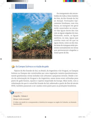 40 UNIDADE 1
Os manguezais são encon-
trados em toda a Zona Costeira
do País, do Rio Grande do Sul
ao Amapá. Formações tipi-
camente litorâneas, com rica
fauna, os mangues em geral
estão associados ao encon-
tro das águas doces dos rios
com as águas salgadas do mar,
formando, assim, as águas
salobras, ou seja, águas que
contêm mais sal do que as
águas doces, como as dos rios.
As áreas de mangues estão pre-
sentes normalmente em terras
que permanecem alagadas a
maior parte do dia.
Manguezal.
©
Pete
Oxford/Minden
Pictures/Latinstock
Geografia ƺ Volume 2
Mangue: ainda ameaçado?
O vídeo vai ajudá-lo a compreender a história do mangue na região de Cubatão, na Baixada
Santista (SP).
Os Campos Sulinos e a criação de gado
Típicos do Rio Grande do Sul, no Brasil, da Argentina e do Uruguai, os Campos
Sulinos ou Pampas são constituídos por uma vegetação rasteira (predominante-
mente gramíneas) e áreas isoladas com arbustos e pequenas árvores. Desde o iní-
cio da colonização do Uruguai e da Argentina, essas áreas eram utilizadas para
pasto do gado bovino, equino e caprino importado da Europa. Mais tarde, com a
colonização do que é o atual Rio Grande do Sul, sobretudo a partir de fins do século
XVIII, também passaram a ser usadas como pasto para as produções brasileiras.
00_BOOK_GEO_CE_VOL 2.indb 40 21/07/14 11:58
 