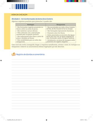 42 UNIDADE 1
Atividade 1 – As transformações do bioma Zona Costeira
Algumas respostas possíveis para preencher o quadro são:
Restingas Manguezais
r São formações vegetais presentes no
litoral, sobre as areias da praia.
r São rasteiras e pouco densas.
r Vêm sofrendo com a devastação
causada pela ocupação humana.
r São importantes para fixar a areia da
praia e também as dunas.
r Dão estabilidade para os solos dos
manguezais.
r São encontrados em toda a Zona Costeira
do País, do Rio Grande do Sul ao Amapá.
r São formações tipicamente litorâneas.
r Possuem uma rica fauna.
r Estão associados ao encontro das águas
doces dos rios com as águas salgadas do
mar, formando, assim, as águas salobras.
r Geralmente, as áreas de mangues estão
presentes em regiões alagadas.
Caso você não tenha conseguido chegar a respostas semelhantes, retome o texto As restingas e os
manguezais e observe as características dessas vegetações que são descritas.
HORA DA CHECAGEM
00_BOOK_GEO_CE_VOL 2.indb 42 21/07/14 11:58
 