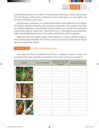 69
UNIDADE 2
eram satisfatórias para seu cultivo. Ao contrário da Amazônia, a Bahia apresentava
uma localização melhor para o comércio, já que nessa época era uma região rica
em rotas marítimas comerciais.
Rapidamente, instalaram-se na parte sul da Bahia, atual região que vai de Ilhéus
até Itabuna, grandes latifúndios que passaram a produzir cacau usando uma força
de trabalho explorada e empobrecida. Surgiu também, por ocasião do desenvolvi-
mento dessa cultura, a figura dos “coronéis do cacau”, com poderes quase absolutos
sobre seus trabalhadores, assim como sobre o exercício da política regional.
Migraram para essa região muitos sírios, libaneses e árabes, atraídos especial-
mente pelas oportunidades de realizar comércio nos locais onde existia algum
desenvolvimento de cidades.
ATIVIDADE 3 O café, a borracha e o cacau
Com base nos textos estudados neste Tema, complete o quadro a seguir. Se
necessário, faça uma pesquisa na internet ou em outros livros para auxiliá-lo.
Produto Qual é o produto?
Quem realizava esse
trabalho? Como ele
era feito?
Em qual região do
País era encontrado?
©
Antographer/Alamy/Glow
Images
©
Christine
Osborne
Pictures/Alamy/
Glow
Images
©
Euler
Bernd/StockFood/Latinstock
00_BOOK_GEO_CE_VOL 2.indb 69 21/07/14 11:59
 