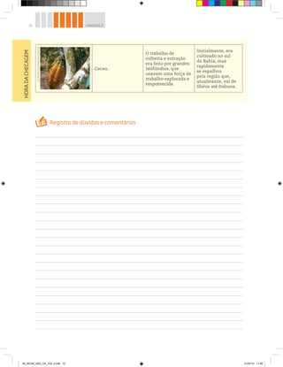 72 UNIDADE 2
Cacau.
O trabalho de
colheita e extração
era feito por grandes
latifúndios, que
usavam uma força de
trabalho explorada e
empobrecida.
Inicialmente, era
cultivado no sul
da Bahia, mas
rapidamente
se espalhou
pela região que,
atualmente, vai de
Ilhéus até Itabuna.
HORA
DA
CHECAGEM
©
Euler
Bernd/StockFood/Latinstock
00_BOOK_GEO_CE_VOL 2.indb 72 21/07/14 11:59
 