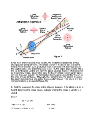 Since there are two distinct focal lengths, the incident conical bundle of rays
changes after being refracted. The cross section of the beam as it leaves the
lens is initially circular, but it gradually becomes elliptical with the major axis in
the sagittal plane, until at the tangential focus, FT, the ellipse degenerates into a
line (at third order). All the rays from the object traverse this line, which is known
as the primary image. Beyond this point the beam's cross section rapidly opens
out until it is again circular. At that location the image is a circular blur known as
the circle of least confusion. Moving further from the lens, the beam's cross sec-
tion again deforms into a line, called the secondary image. This time it is in the
meridional plane at the sagittal focus, FS.


5. Find the location of the image in the following diagram. If the object is 2 cm in
height, determine the image height. Indicate whether the image is upright of in-
verted.
Lens 1
             do = -20 cm
1∕do + 1∕f = 1∕di                         M = hi∕ho
1∕-20 cm + 1∕10 cm = 1∕di                    = di∕do
 