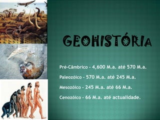 Pré-Câmbrico - 4,600 M.a. até 570 M.a.

Paleozóico - 570 M.a. até 245 M.a.

Mesozóico - 245 M.a. até 66 M.a.

Cenozóico - 66 M.a. até actualidade.
 