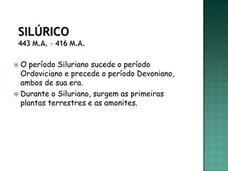  O período Siluriano sucede o período
  Ordoviciano e precede o período Devoniano,
  ambos de sua era.
 Durante o Siluriano, surgem as primeiras
  plantas terrestres e as amonites.
 