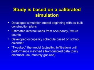 Study is based on a calibrated
             simulation
• Developed simulation model beginning with as-built
  construction plans
• Estimated internal loads from occupancy, fixture
  counts
• Developed occupancy schedule based on school
  calendar
• “Tweaked” the model (adjusting infiltration) until
  performance matched site-monitored data (daily
  electrical use, monthly gas use)
 