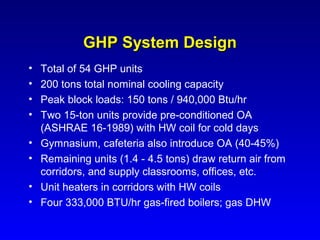 GHP System Design
•   Total of 54 GHP units
•   200 tons total nominal cooling capacity
•   Peak block loads: 150 tons / 940,000 Btu/hr
•   Two 15-ton units provide pre-conditioned OA
    (ASHRAE 16-1989) with HW coil for cold days
•   Gymnasium, cafeteria also introduce OA (40-45%)
•   Remaining units (1.4 - 4.5 tons) draw return air from
    corridors, and supply classrooms, offices, etc.
•   Unit heaters in corridors with HW coils
•   Four 333,000 BTU/hr gas-fired boilers; gas DHW
 