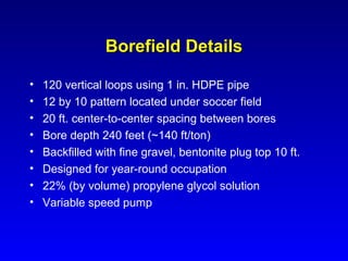 Borefield Details

•   120 vertical loops using 1 in. HDPE pipe
•   12 by 10 pattern located under soccer field
•   20 ft. center-to-center spacing between bores
•   Bore depth 240 feet (~140 ft/ton)
•   Backfilled with fine gravel, bentonite plug top 10 ft.
•   Designed for year-round occupation
•   22% (by volume) propylene glycol solution
•   Variable speed pump
 