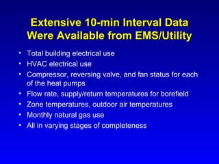 Extensive 10-min Interval Data
  Were Available from EMS/Utility
• Total building electrical use
• HVAC electrical use
• Compressor, reversing valve, and fan status for each
  of the heat pumps
• Flow rate, supply/return temperatures for borefield
• Zone temperatures, outdoor air temperatures
• Monthly natural gas use
• All in varying stages of completeness
 
