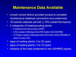 Maintenance Data Available
• Lincoln school district provided access to complete
  maintenance database (preventive and unplanned)
• 18 schools selected (all with > 70% cooled floorspace)
• 4 categories of heating/cooling plants
   – 4 Geothermal heat pumps (GHP)
   – 2 Air-cooled chiller/gas-fired HW boiler (ACC/GHWB)
   – 12 Water-cooled chiller/gas-fired HW boiler (WCC/GHWB) of
     which 9 were VAV
• Ages of cooling plants: 3 to 32 years
• Ages of heating plants: 3 to 70 years
• Analysis of this data presented in two ASHRAE papers
 