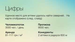 м	
  
≈	
  
Цифры

Удачное место для аптеки удалось найти северней. На
карте отображено (след. слайд):
Человекопоток)
3000 чел. / день
Аренда)
81-117 грн / м2
Прописка)
9000 чел.
Конкуренты)
2 аптеки в радиусе 600 м
 