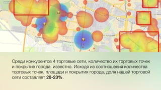 Эж	
  
	
  
c	
  	
  	
  
Среди конкурентов 4 торговые сети, количество их торговых точек
и покрытие города известно. Исходя из соотношения количества
торговых точек, площади и покрытия города, доля нашей торговой
сети составляет 20-23%.
 