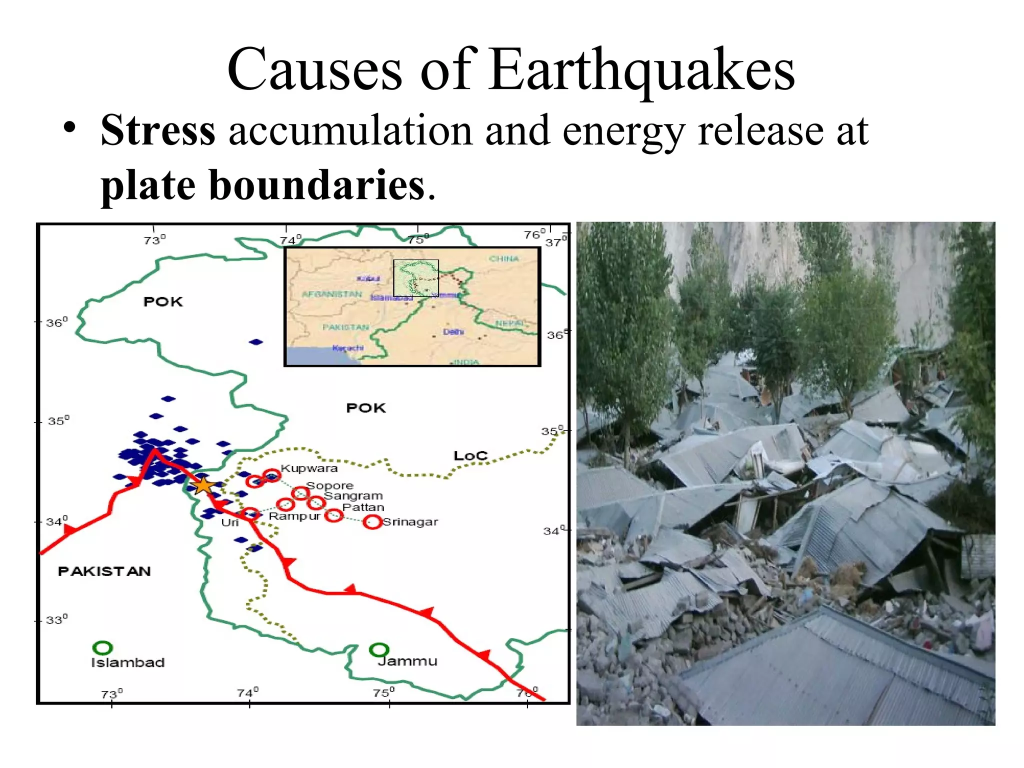 Causes of Earthquakes
• Stress accumulation and energy release at
plate boundaries.
 