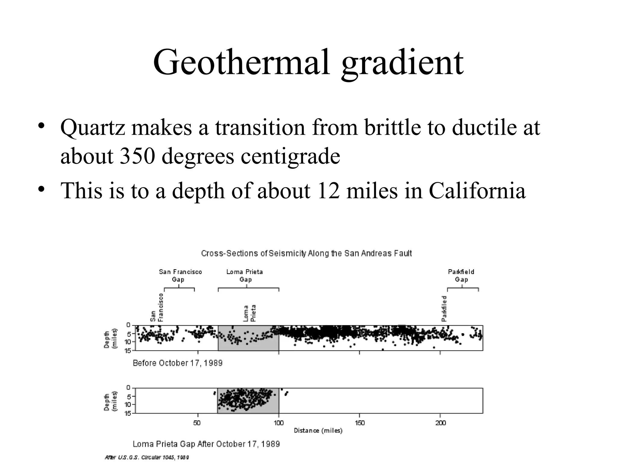 Geothermal gradient
• Quartz makes a transition from brittle to ductile at
about 350 degrees centigrade
• This is to a depth of about 12 miles in California
 