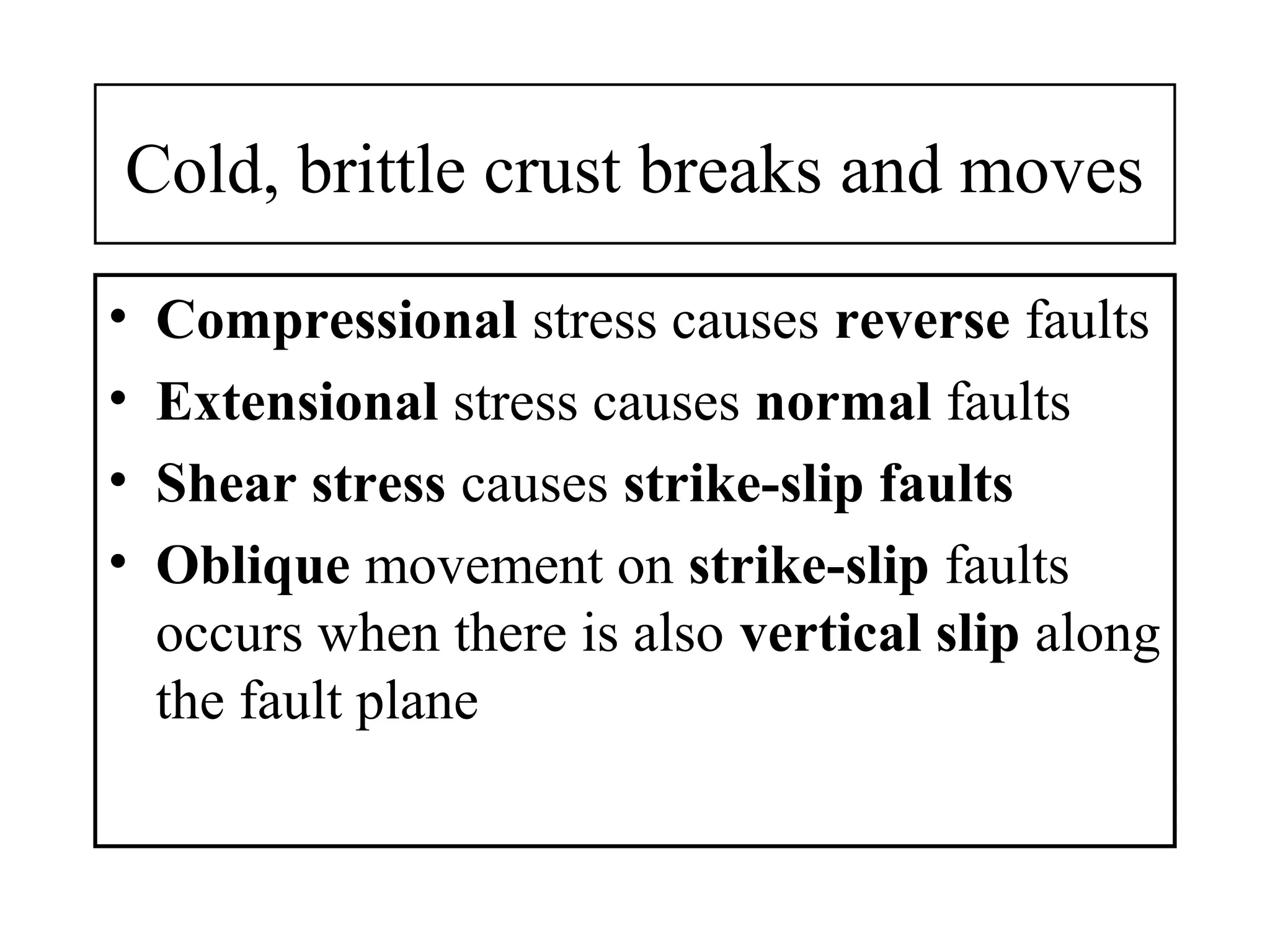 Cold, brittle crust breaks and moves
• Compressional stress causes reverse faults
• Extensional stress causes normal faults
• Shear stress causes strike-slip faults
• Oblique movement on strike-slip faults
occurs when there is also vertical slip along
the fault plane
 